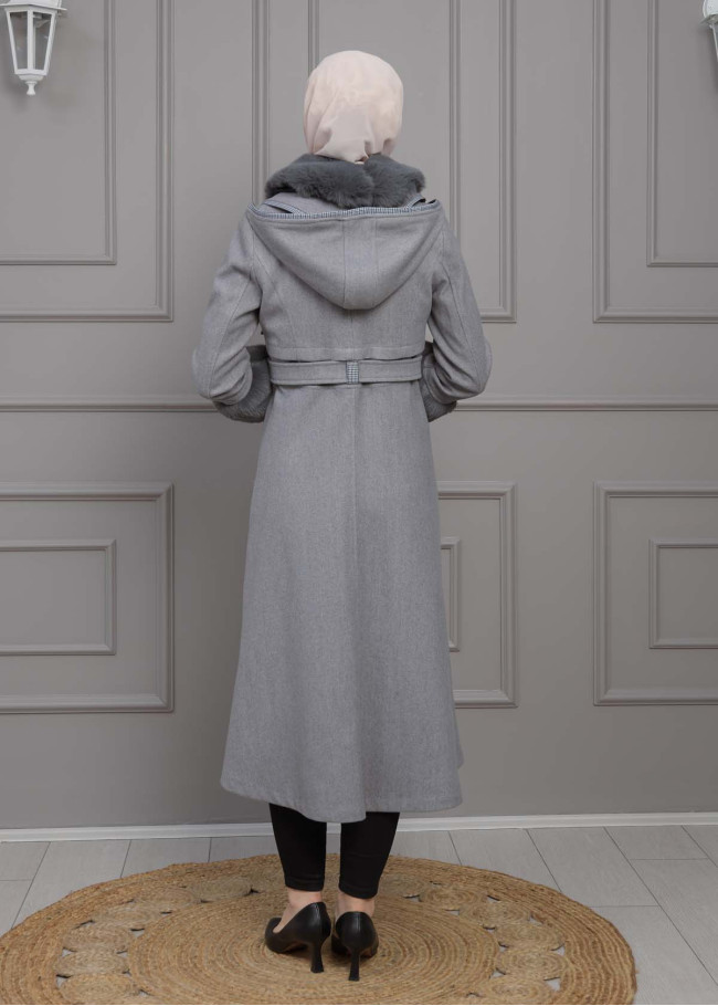 BELTED CACHET TOPCOAT WITH HOOD AND SLEEVE FUR DETAILS 1355 Gri
