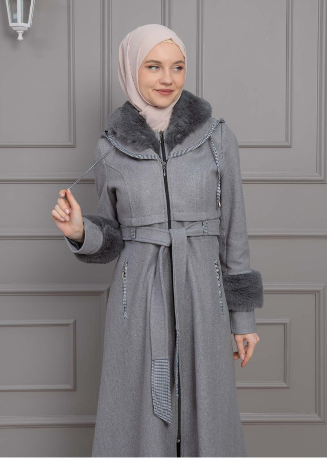 BELTED CACHET TOPCOAT WITH HOOD AND SLEEVE FUR DETAILS 1355 Gri