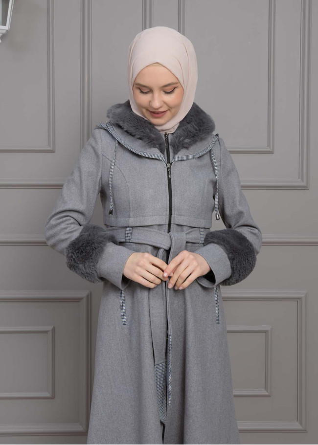 BELTED CACHET TOPCOAT WITH HOOD AND SLEEVE FUR DETAILS 1355 Gri