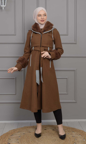 ترانشكوت نسائي جوخ شتوي مع كبيشون فرو قابلة للإزالة 1355 - بني