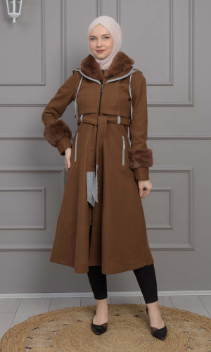 ترانشكوت نسائي جوخ شتوي مع كبيشون فرو قابلة للإزالة 1355 - بني