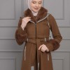 ترانشكوت نسائي جوخ شتوي مع كبيشون فرو قابلة للإزالة 1355 Kahverengi