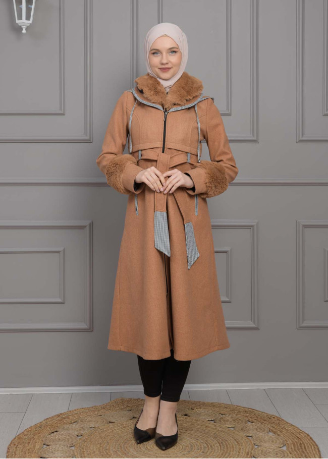 BELTED CACHET TOPCOAT WITH HOOD AND SLEEVE FUR DETAILS 1355 taba