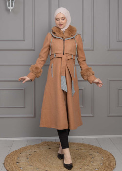 ترانشكوت نسائي جوخ شتوي مع كبيشون فرو قابلة للإزالة 1355 - ترابي