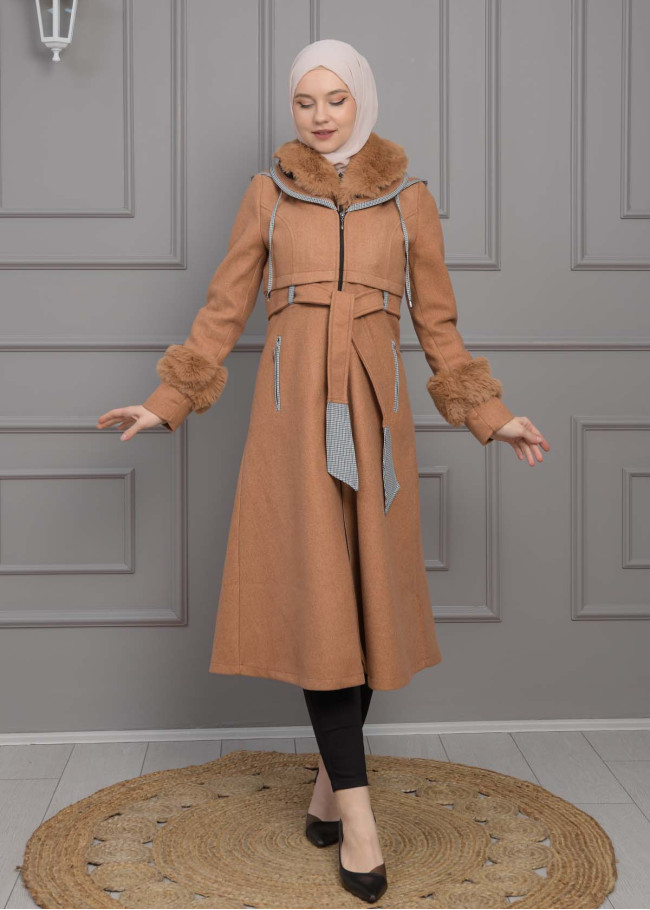 BELTED CACHET TOPCOAT WITH HOOD AND SLEEVE FUR DETAILS 1355 taba