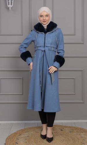 ترانشكوت نسائي جوخ شتوي مع كبيشون فرو قابلة للإزالة 1355 - ازرق