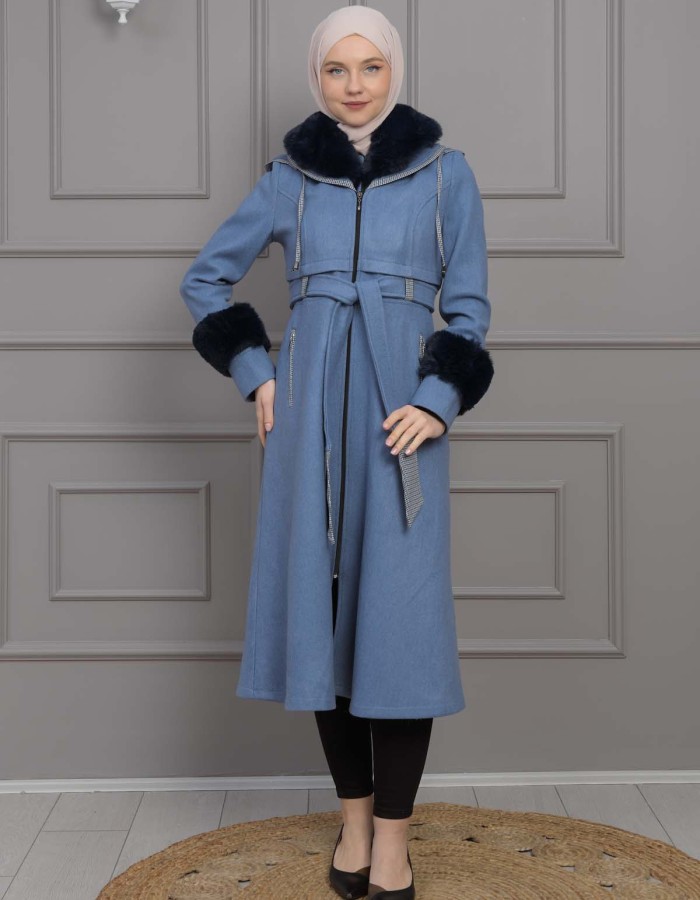 BELTED CACHET TOPCOAT WITH HOOD AND SLEEVE FUR DETAILS 1355 Mavi