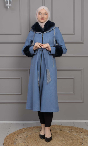 ترانشكوت نسائي جوخ شتوي مع كبيشون فرو قابلة للإزالة 1355 - ازرق