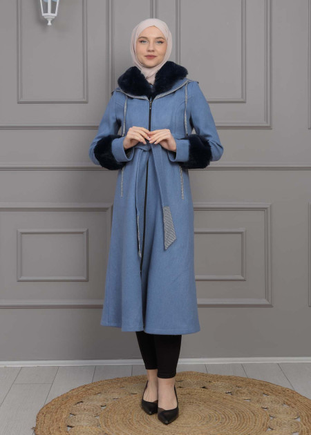 【再出品】UND PLUMP SLEEVE BELTED COAT BELTED CACHET TOPCOAT WITH HOOD AND SLEEVE FUR DETAILS 1355