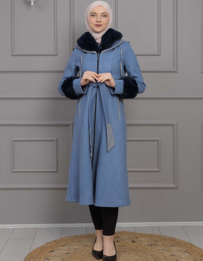 BELTED CACHET TOPCOAT WITH HOOD AND SLEEVE FUR DETAILS 1355 Mavi