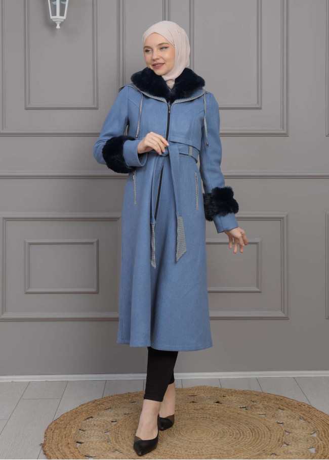 BELTED CACHET TOPCOAT WITH HOOD AND SLEEVE FUR DETAILS 1355 Mavi