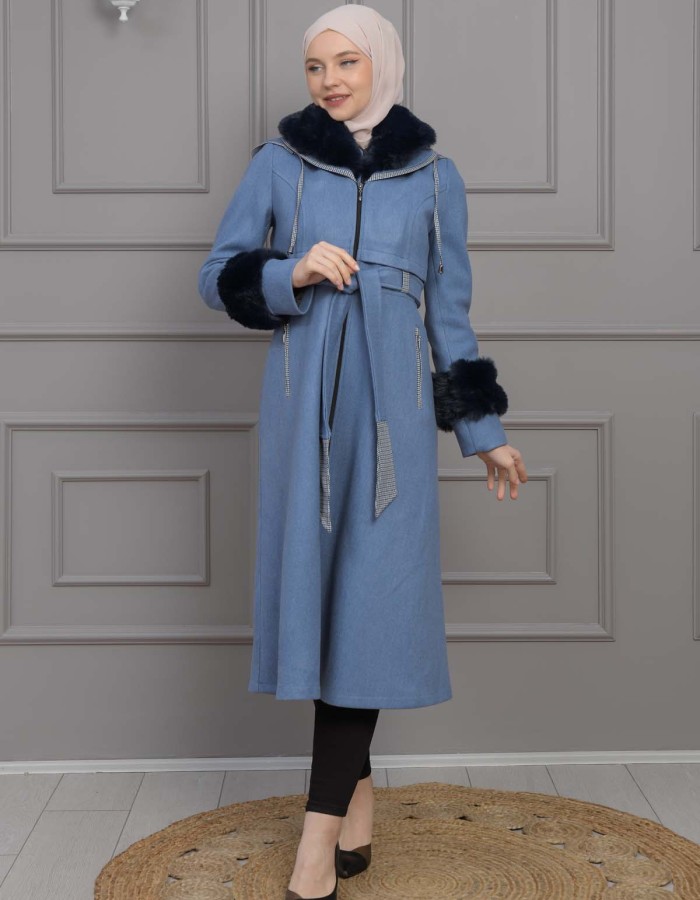 BELTED CACHET TOPCOAT WITH HOOD AND SLEEVE FUR DETAILS 1355 Mavi