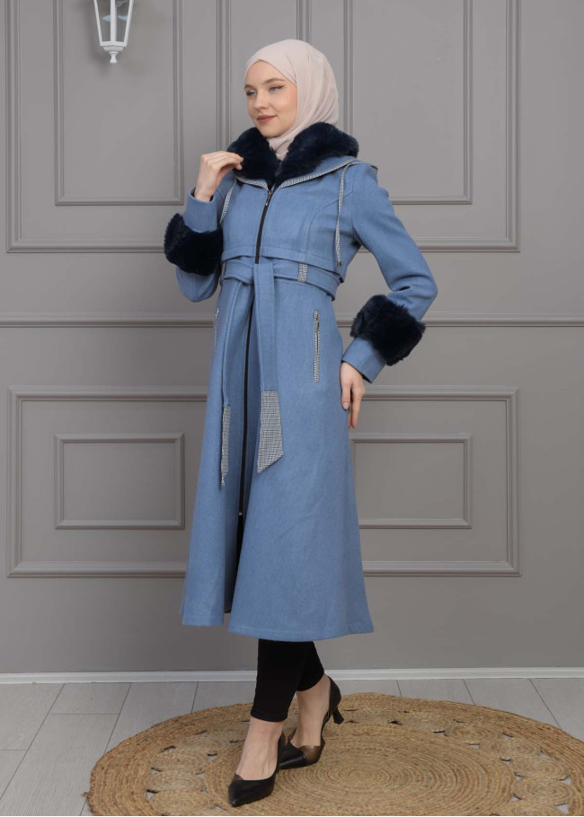 BELTED CACHET TOPCOAT WITH HOOD AND SLEEVE FUR DETAILS 1355 Mavi