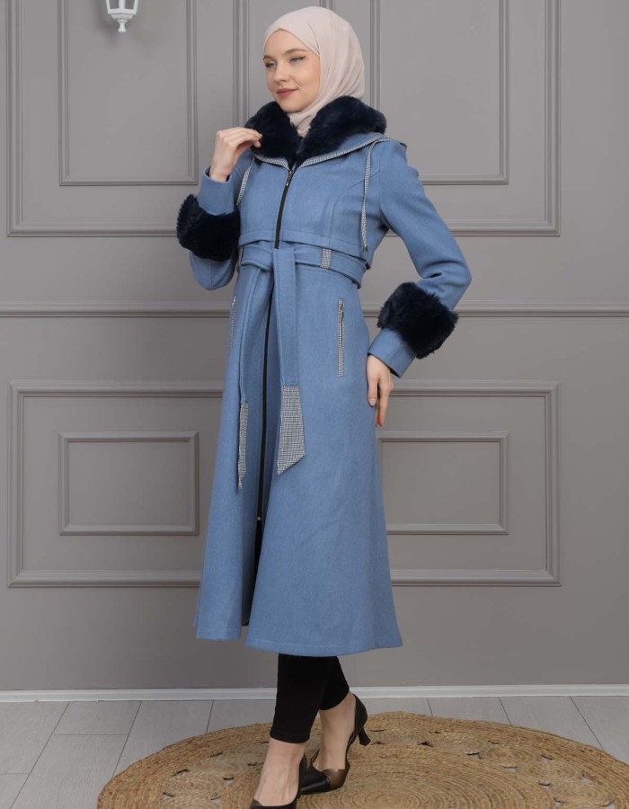 BELTED CACHET TOPCOAT WITH HOOD AND SLEEVE FUR DETAILS 1355 Mavi