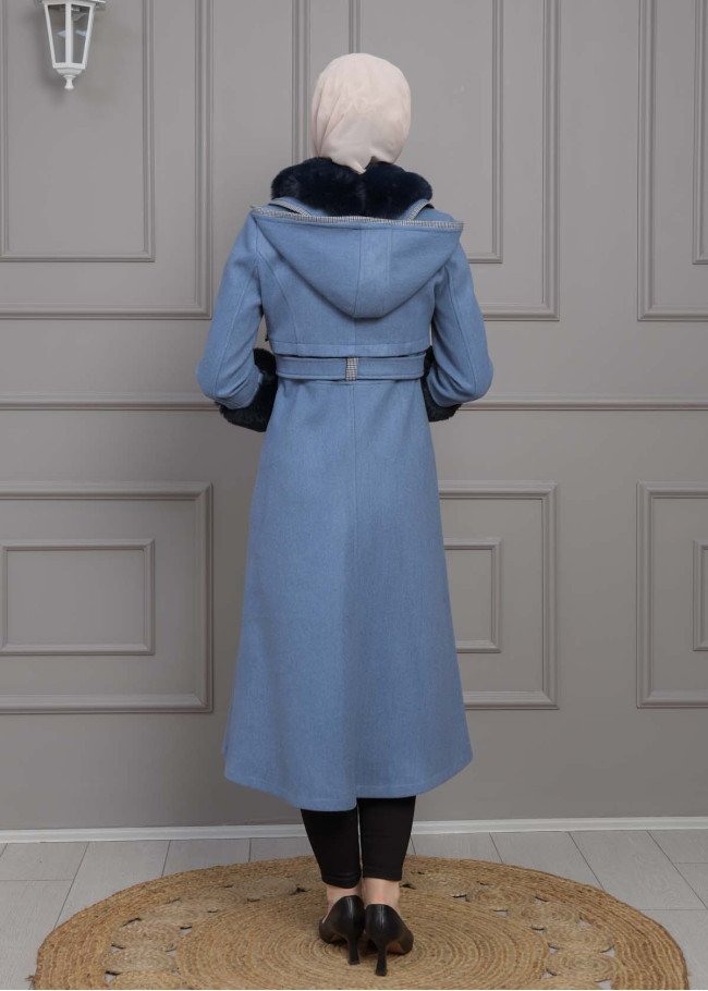 BELTED CACHET TOPCOAT WITH HOOD AND SLEEVE FUR DETAILS 1355 Mavi