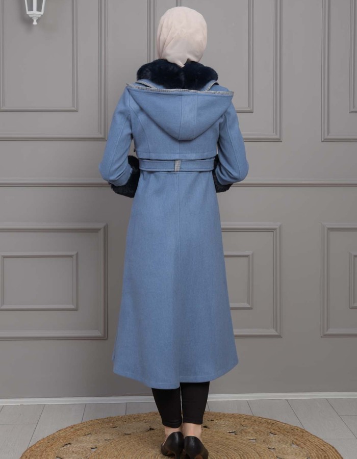 BELTED CACHET TOPCOAT WITH HOOD AND SLEEVE FUR DETAILS 1355 Mavi