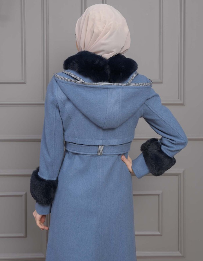 BELTED CACHET TOPCOAT WITH HOOD AND SLEEVE FUR DETAILS 1355 Mavi