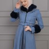 BELTED CACHET TOPCOAT WITH HOOD AND SLEEVE FUR DETAILS 1355 Mavi