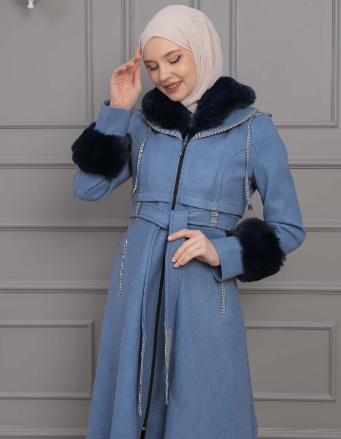 BELTED CACHET TOPCOAT WITH HOOD AND SLEEVE FUR DETAILS 1355 Mavi