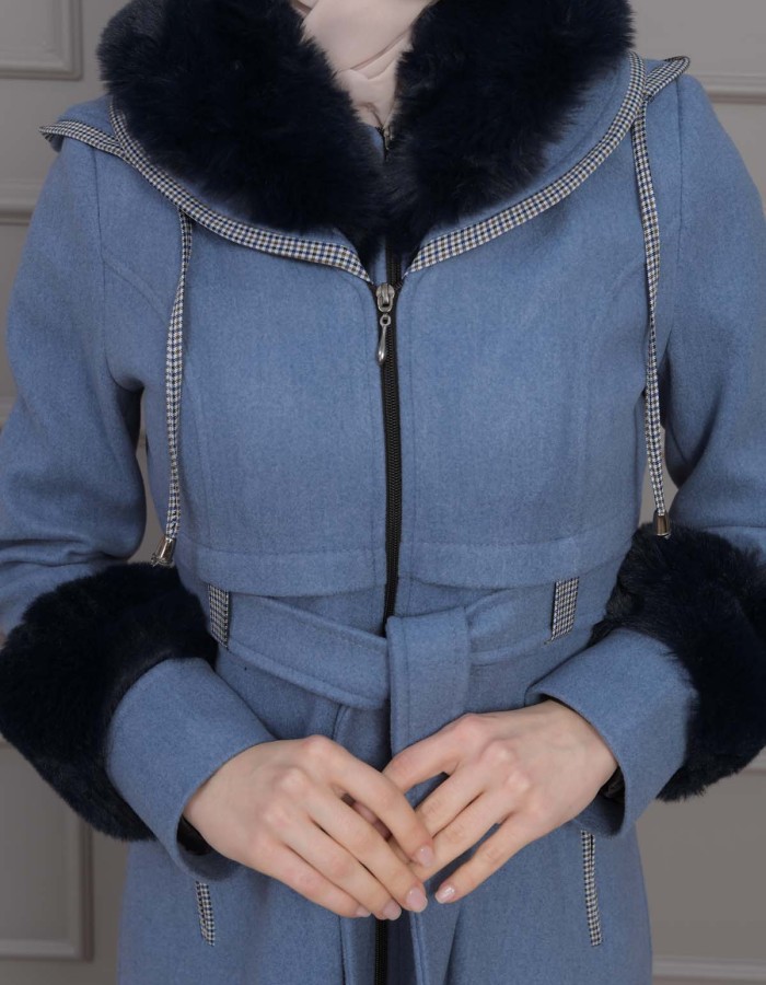 BELTED CACHET TOPCOAT WITH HOOD AND SLEEVE FUR DETAILS 1355 Mavi