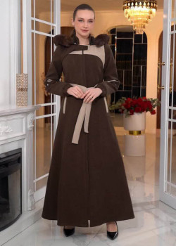 مانطو جوخ كشمير مع بطانة فرو وكبيشون قابل للإزالة - الكود 1374 - بني