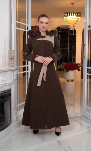 مانطو جوخ كشمير مع بطانة فرو وكبيشون قابل للإزالة - الكود 1374 - بني