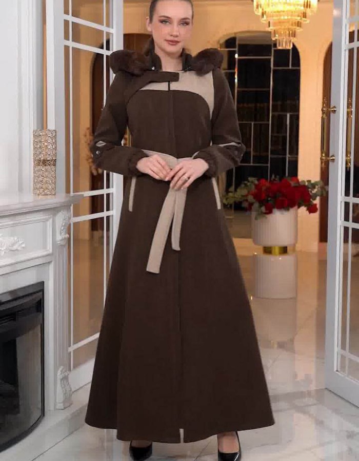 Cashmere Wool Coat with Fur Lining and Removable Hood - Code 1374 - brown