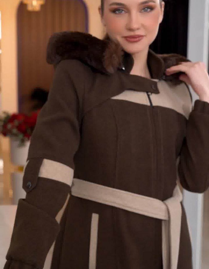 Cashmere Wool Coat with Fur Lining and Removable Hood - Code 1374 - brown
