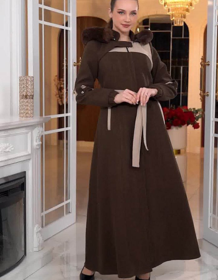 Cashmere Wool Coat with Fur Lining and Removable Hood - Code 1374 - brown