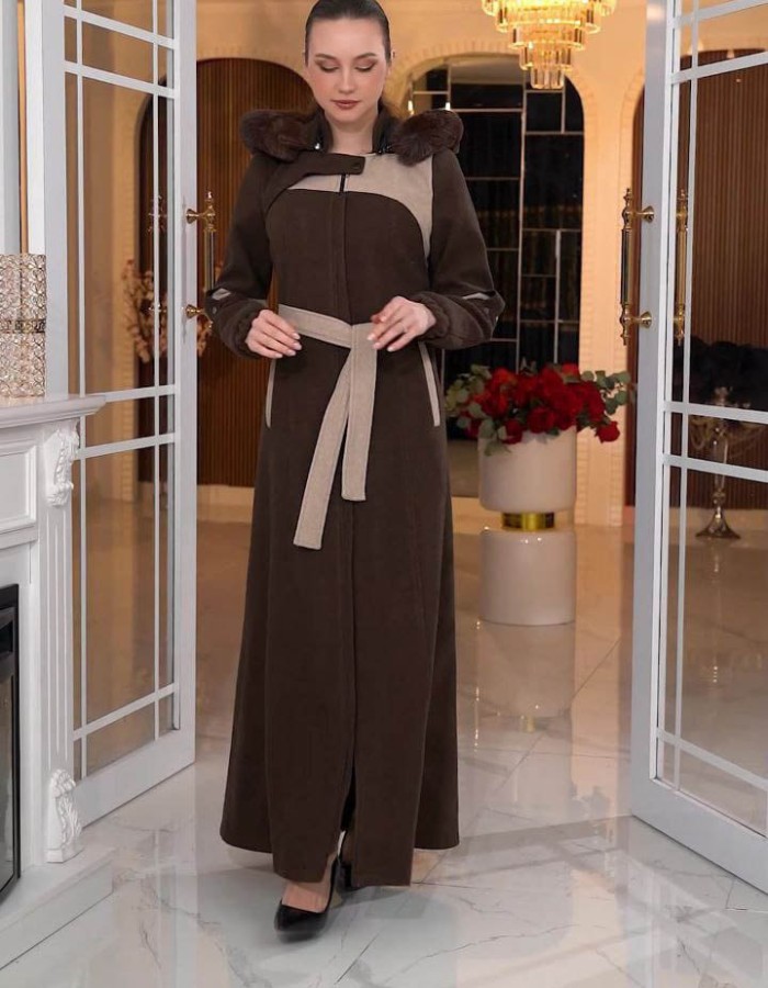 Cashmere Wool Coat with Fur Lining and Removable Hood - Code 1374 - brown