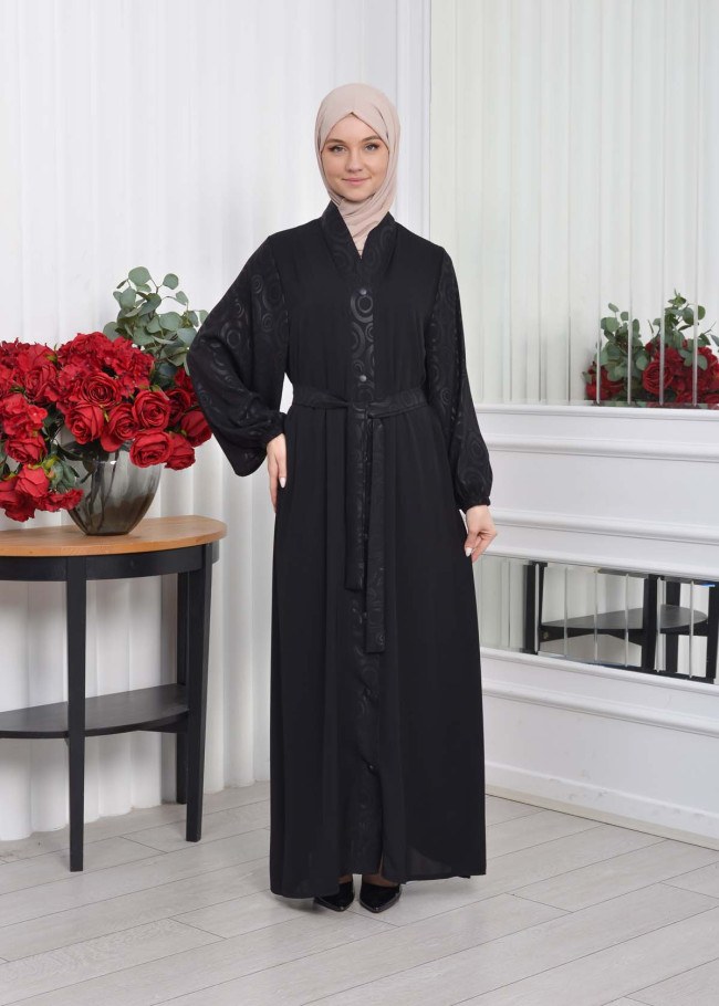 BELTED BUTTONED BLACK HIJAB ABAYA 640 Siyah