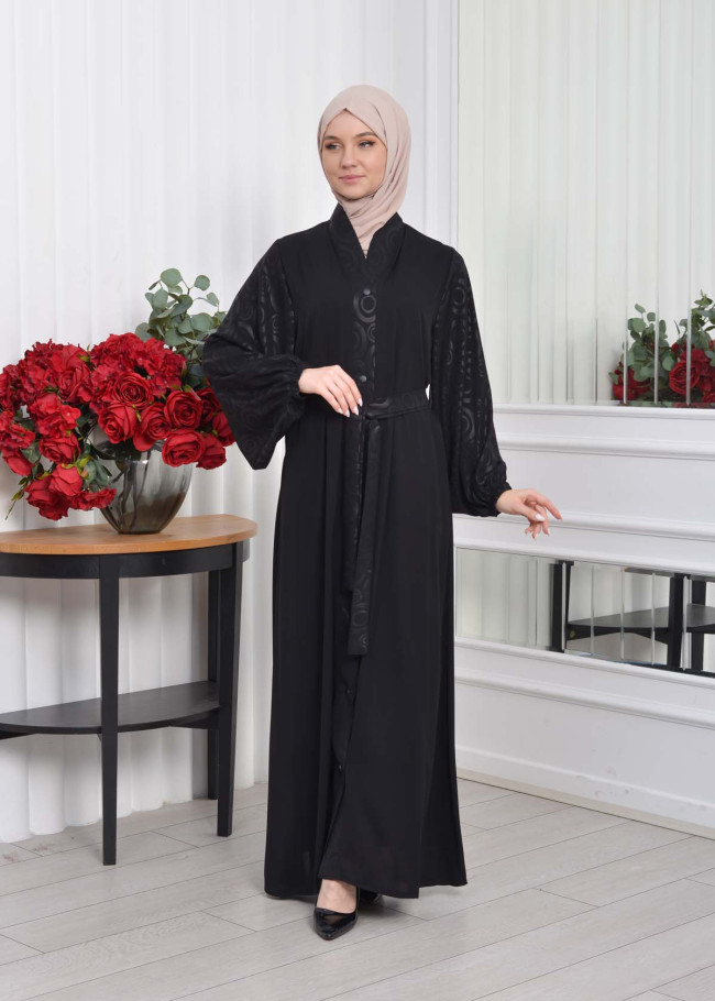 BELTED BUTTONED BLACK HIJAB ABAYA 640 Siyah