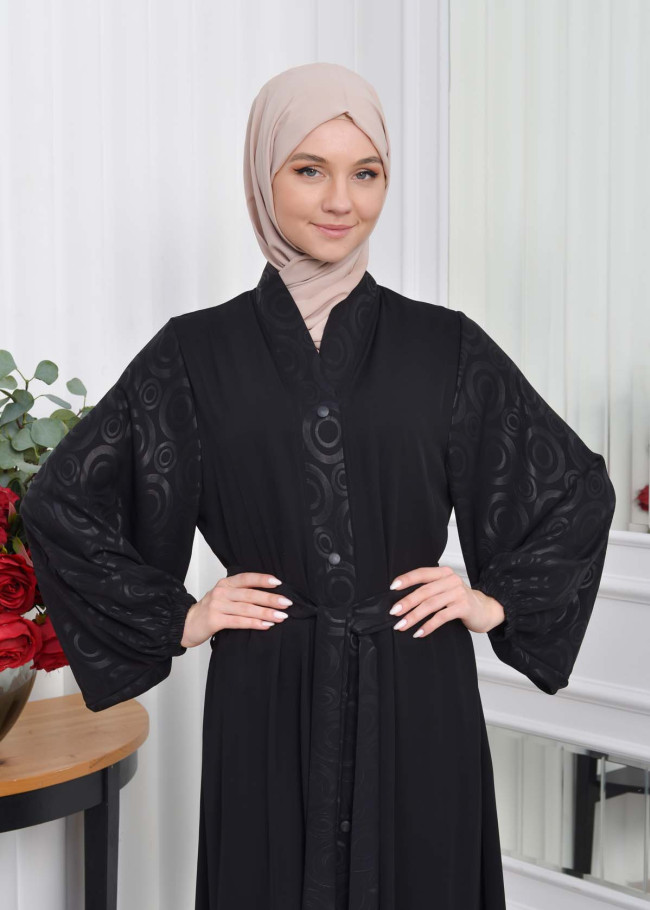 BELTED BUTTONED BLACK HIJAB ABAYA 640 Siyah