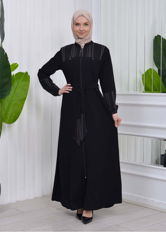 Belted Zippered Striped Hijab Abaya 636 Siyah