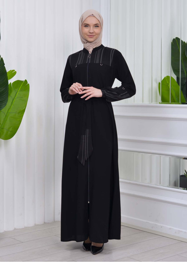 Belted Zippered Striped Hijab Abaya 636 Siyah