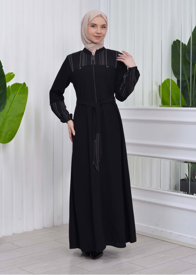 Belted Zippered Striped Hijab Abaya 636 Siyah