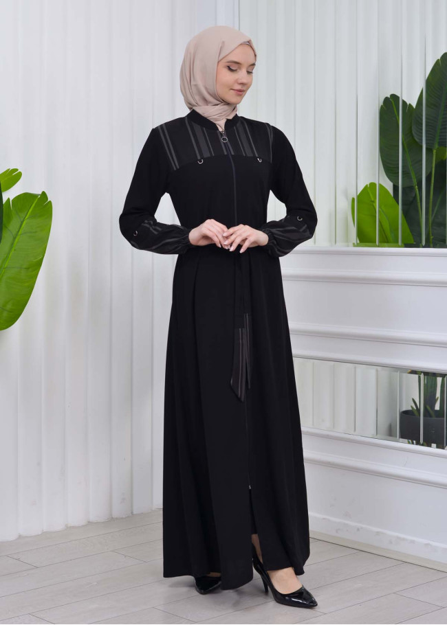 Belted Zippered Striped Hijab Abaya 636 Siyah