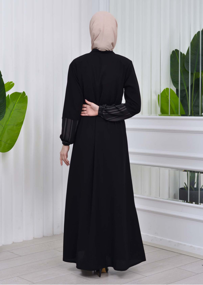 Belted Zippered Striped Hijab Abaya 636 Siyah