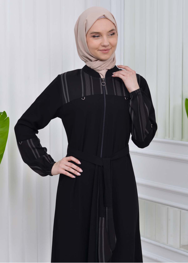Belted Zippered Striped Hijab Abaya 636 Siyah