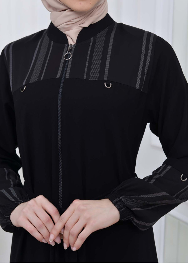 Belted Zippered Striped Hijab Abaya 636 Siyah