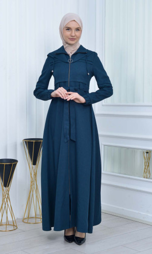 Belted - Zippered V-neck Hijab Overcoat code 1205 - Türkis