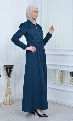 Belted - Zippered V-neck Hijab Overcoat code 1205 - Türkis