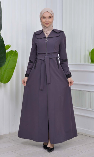 مانطو نسائي للمحجبات باراشوت مع حزام و طاقية 1211 - رمادي غامق