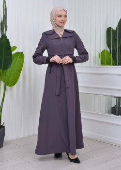 مانطو نسائي للمحجبات باراشوت مع حزام و طاقية 1211 - رمادي غامق