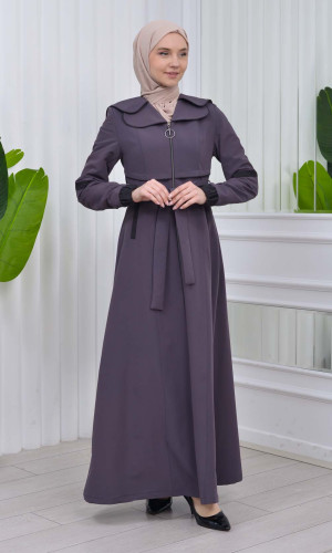 مانطو نسائي للمحجبات باراشوت مع حزام و طاقية 1211 - رمادي غامق