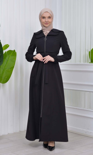 Belted Hooded Hijab Parachute Topcoat 1211 - Schwarz