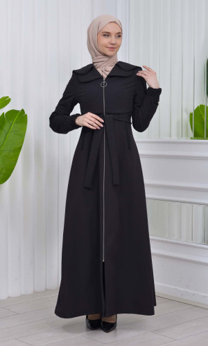 Belted Hooded Hijab Parachute Topcoat 1211 - Schwarz