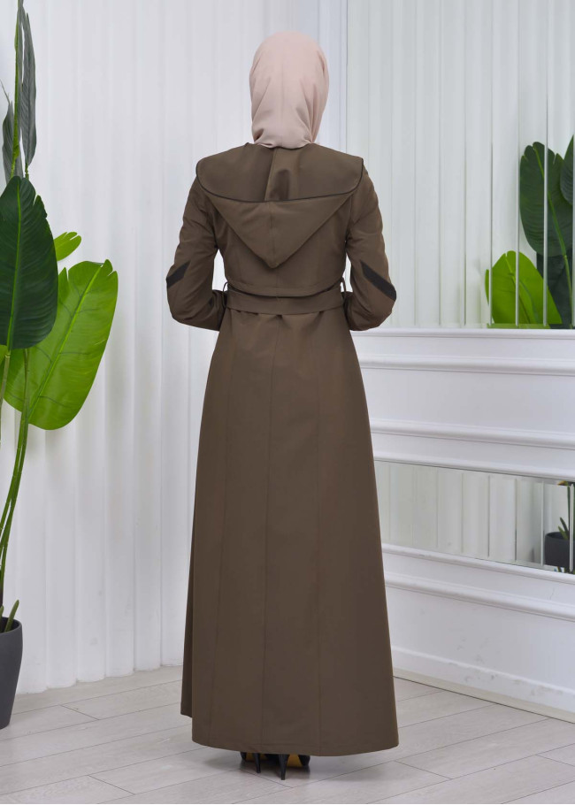 Belted Hooded Hijab Parachute Topcoat 1211 kuyu haki