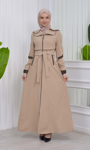 مانطو نسائي للمحجبات باراشوت مع حزام و طاقية 1211 - بيج