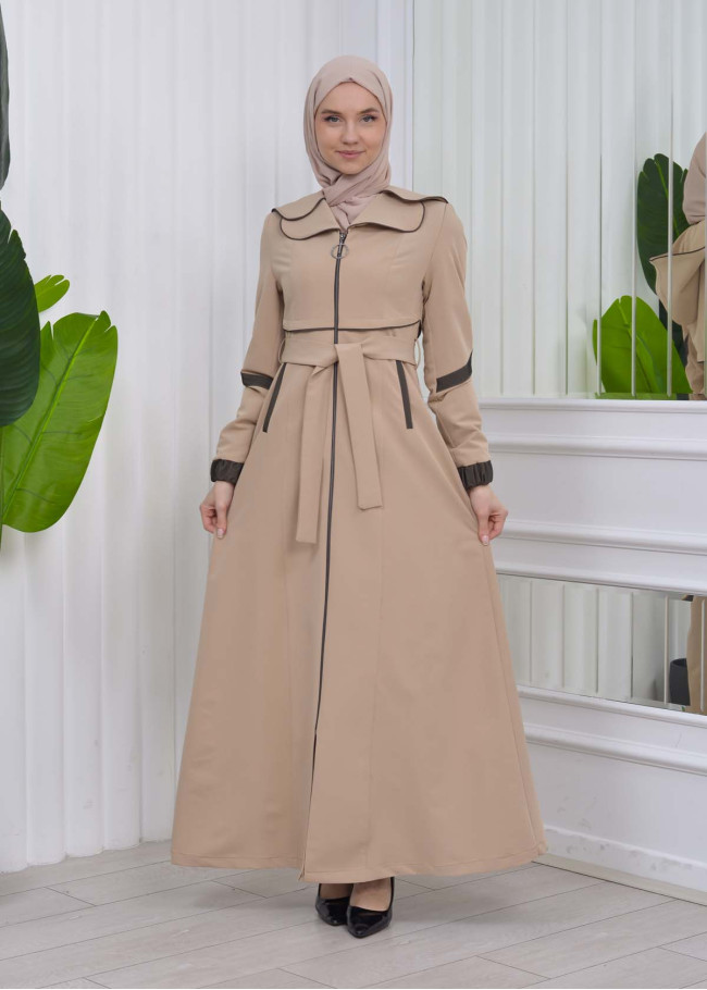 Belted Hooded Hijab Parachute Topcoat 1211 Bej
